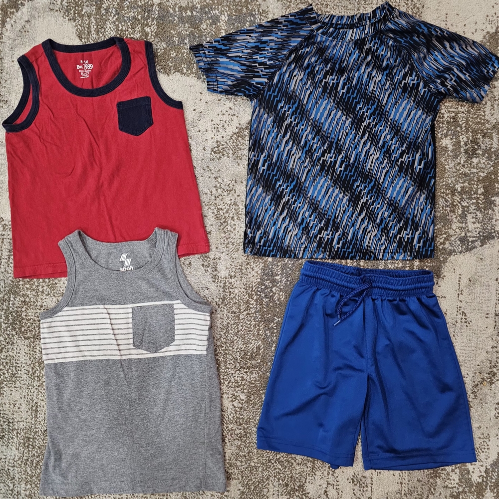 Boys 4-Piece Summer Bundle- Red, Gray & Blue Tops + Royal Blue Shorts